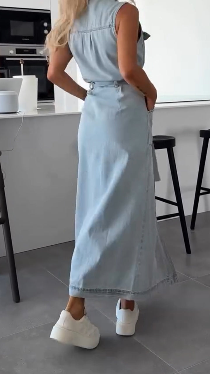 Lapel Denim Slit Casual Dress