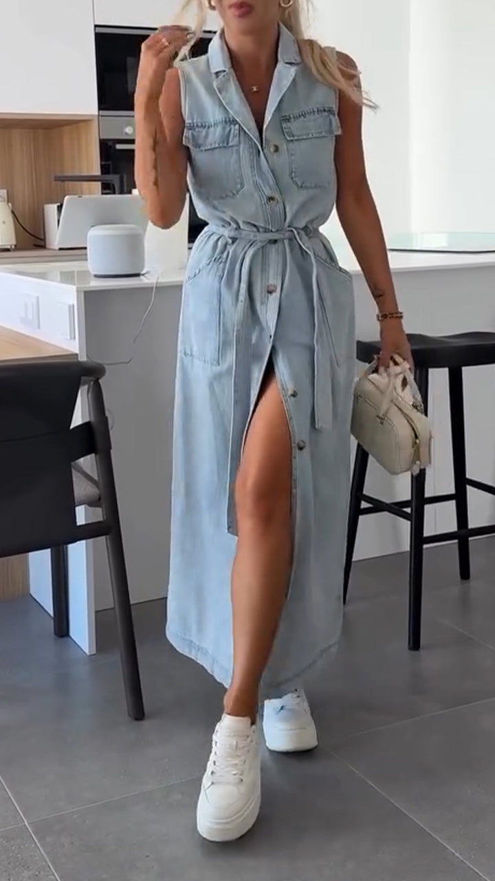 Lapel Denim Slit Casual Dress