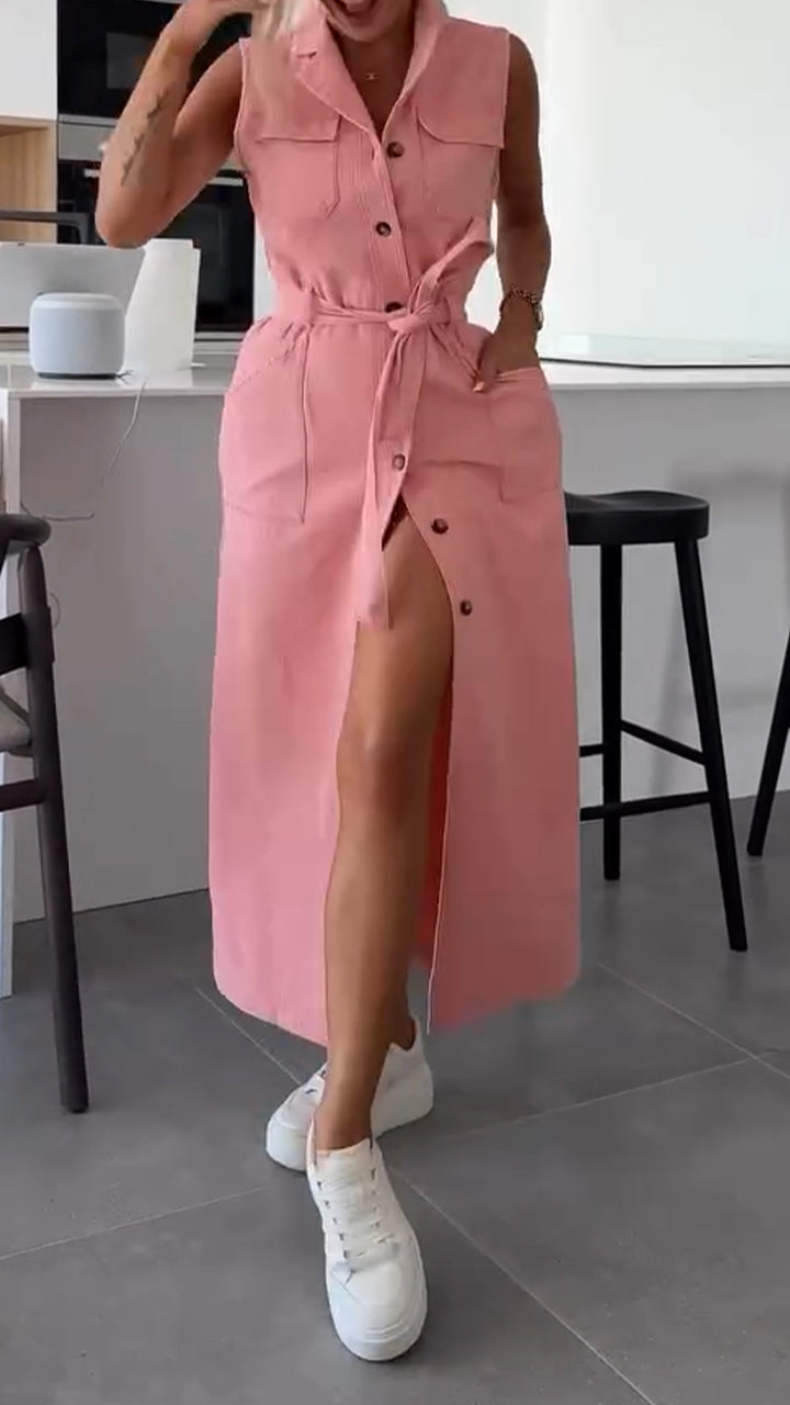 Lapel Denim Slit Casual Dress