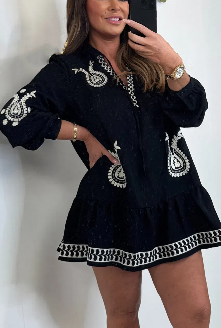 Embroidered V-Neck Dropped Hem Mini Dress 