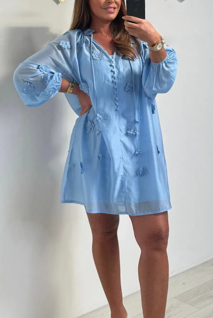 Button Up Flower Detail Blouse Dress