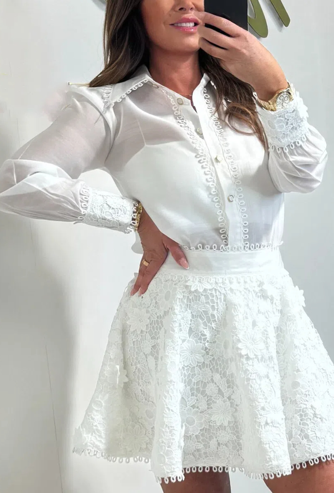 Flower Detail Skirt & Collared Blouse