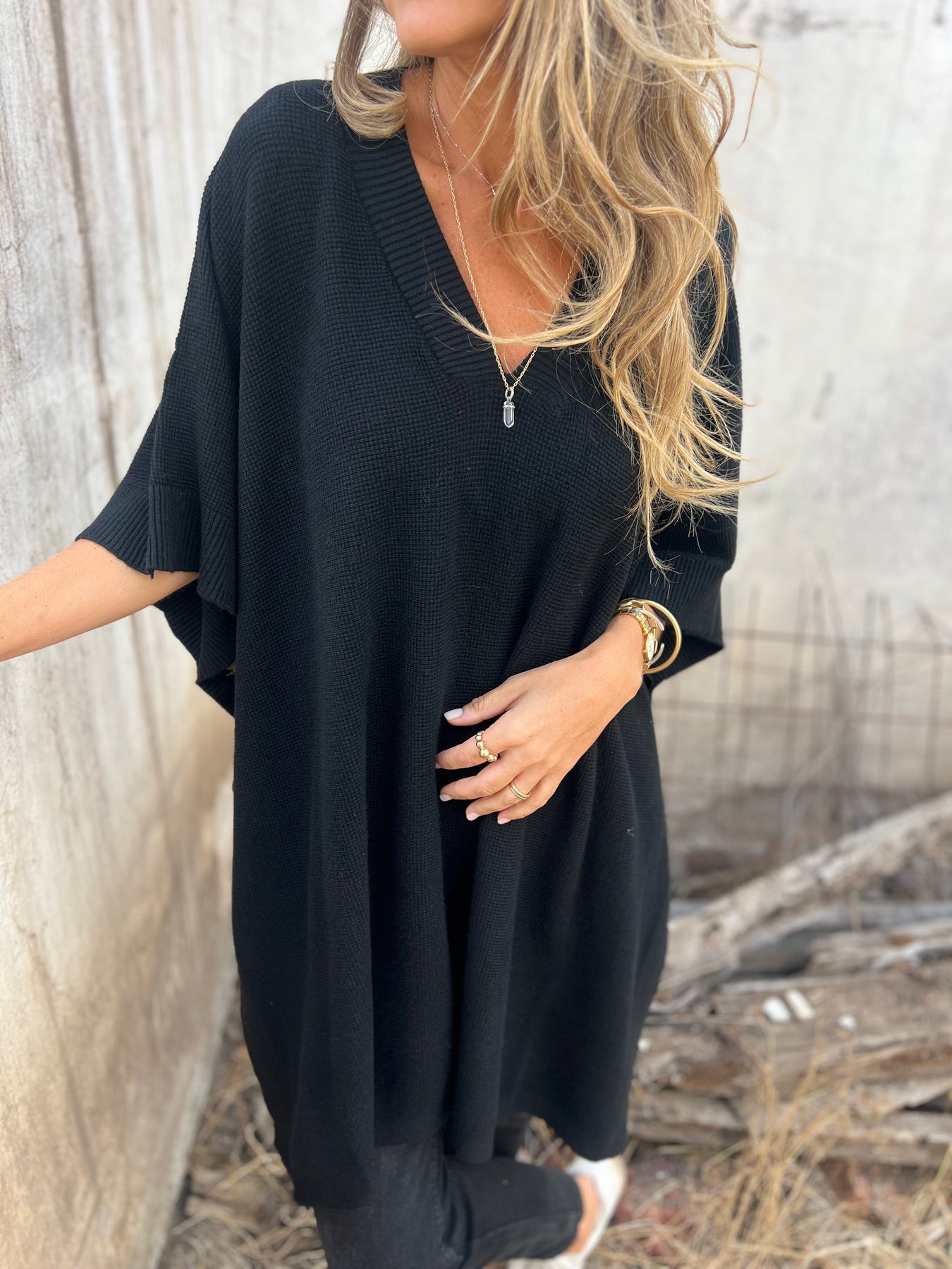 V-neck Bat Sleeve Baggy Top