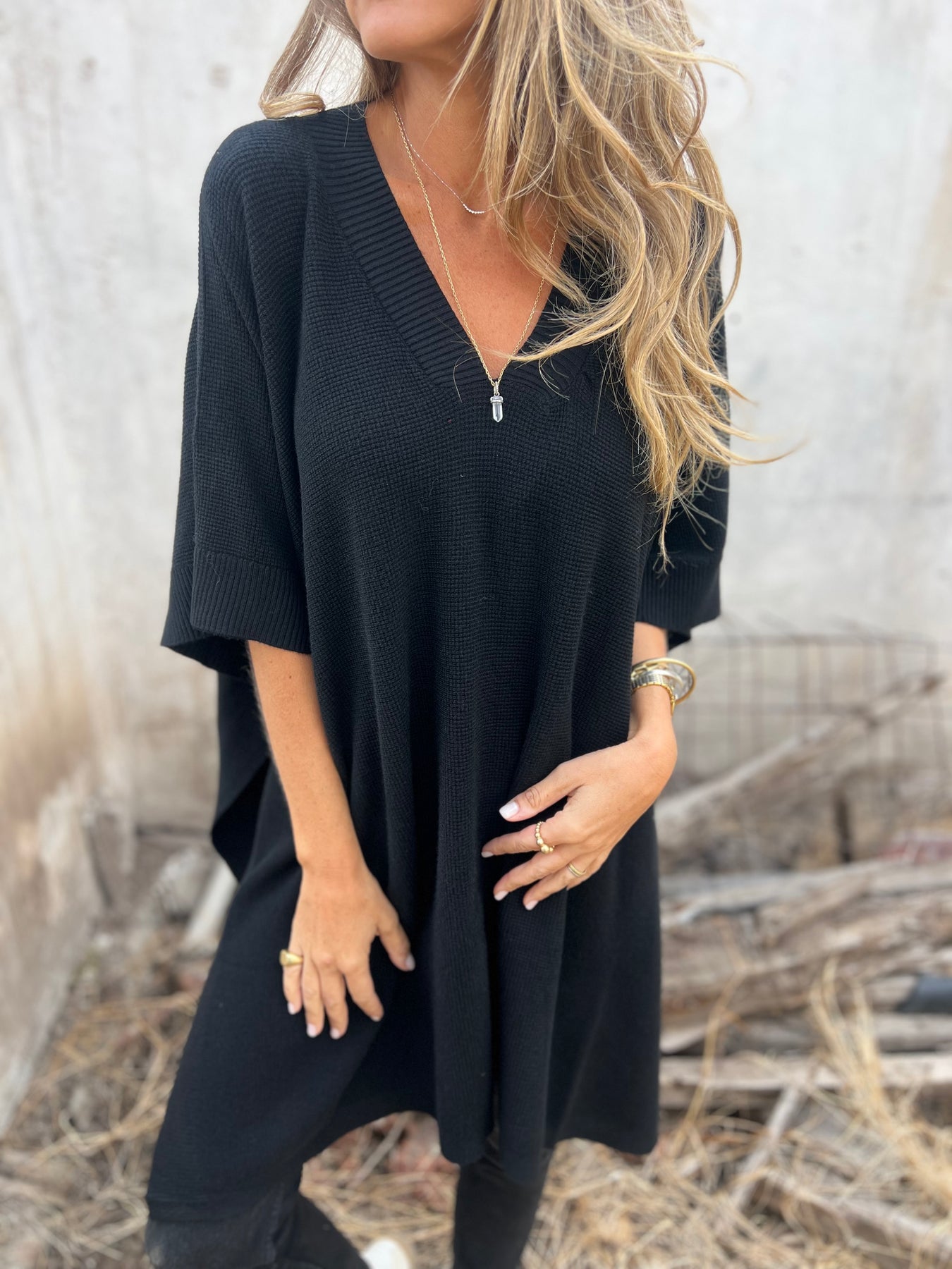 V-neck Bat Sleeve Baggy Top