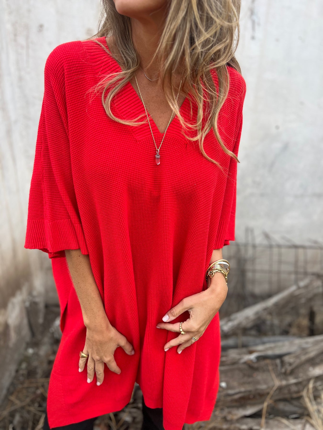 V-neck Bat Sleeve Baggy Top