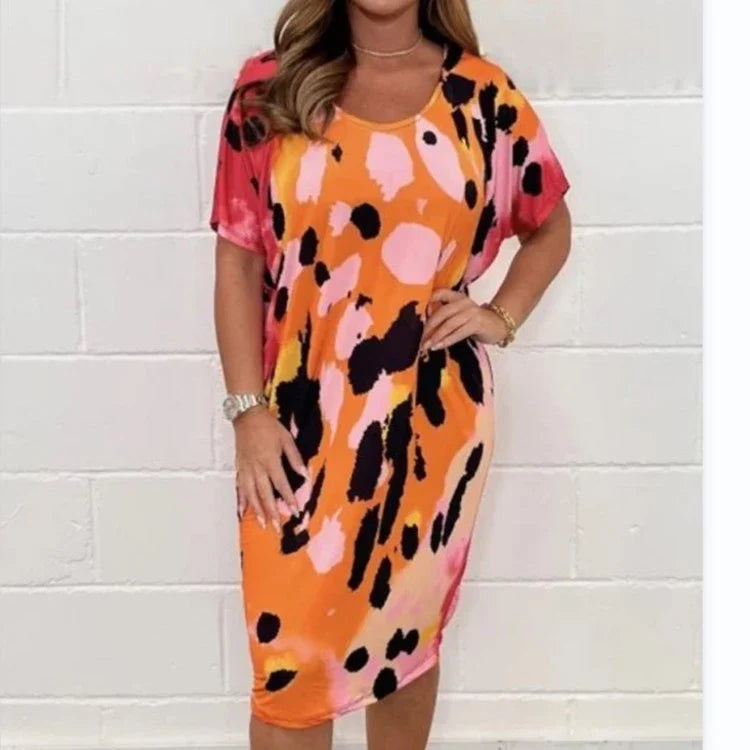 Round Neck Loose Casual Leopard Print Dress