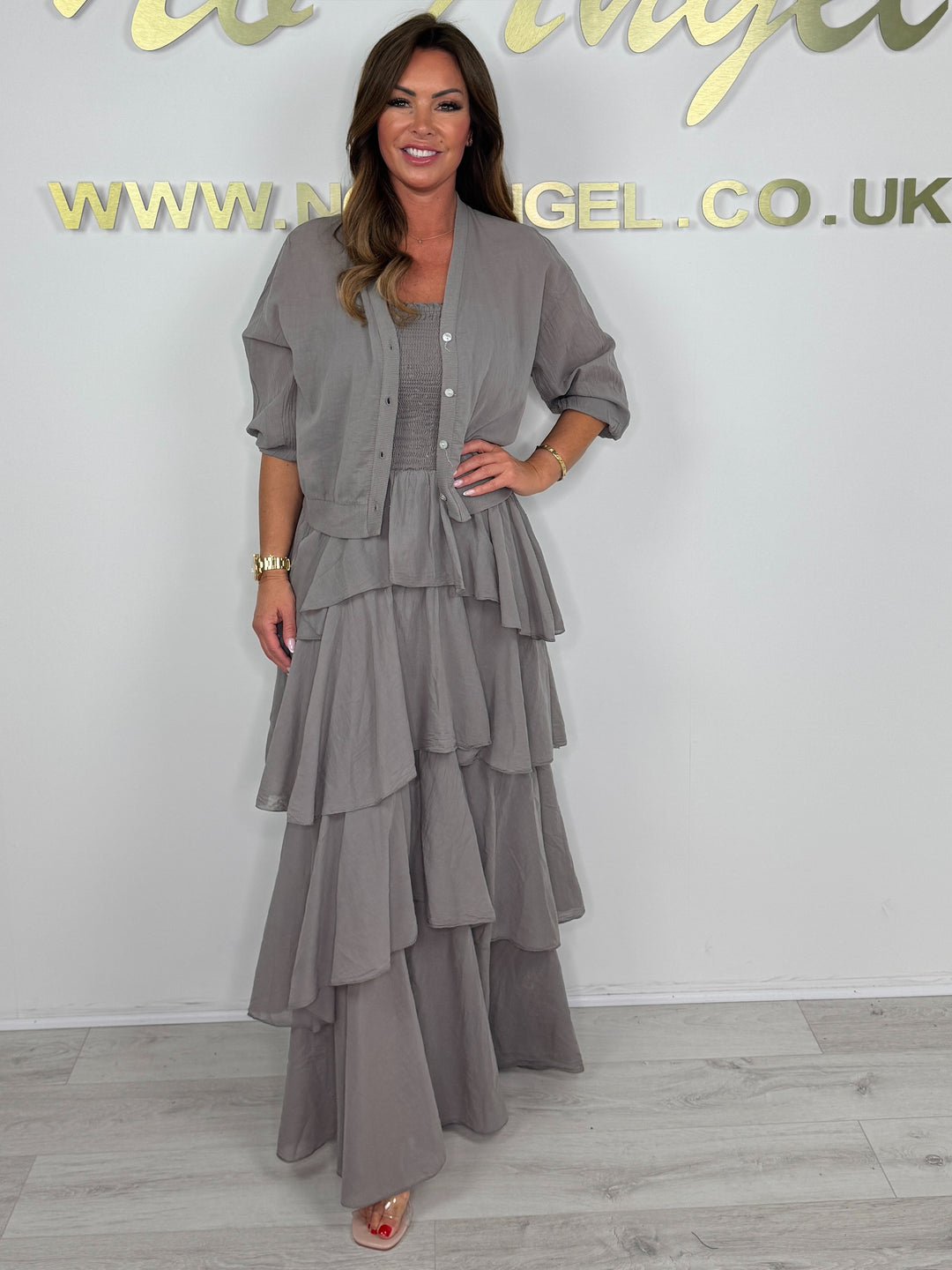 Bandeau Smocked Top Layered Ruffle Dress With Cardigan