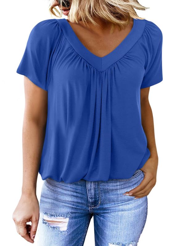 V-neck pleated short-sleeved T-shirt
