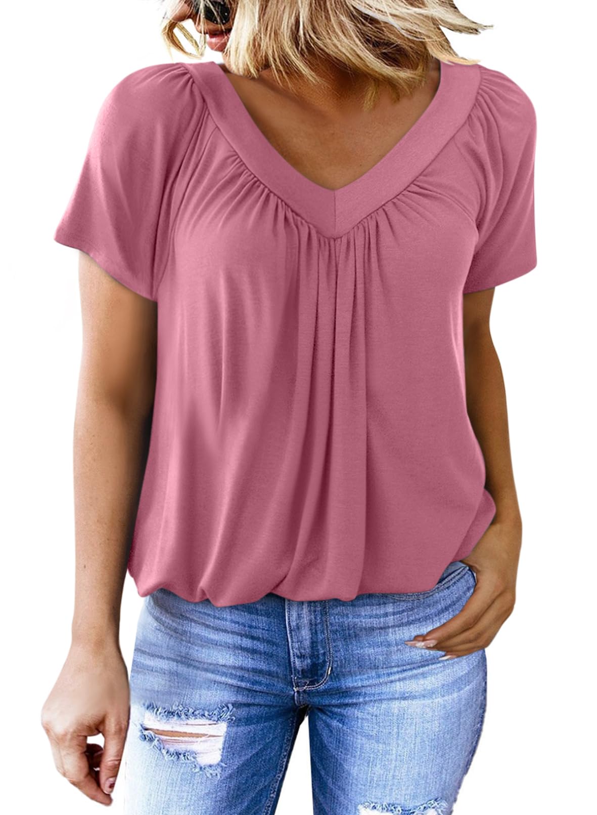 V-neck pleated short-sleeved T-shirt