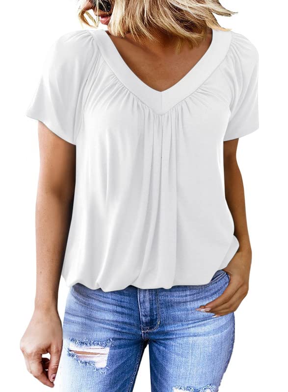 V-neck pleated short-sleeved T-shirt