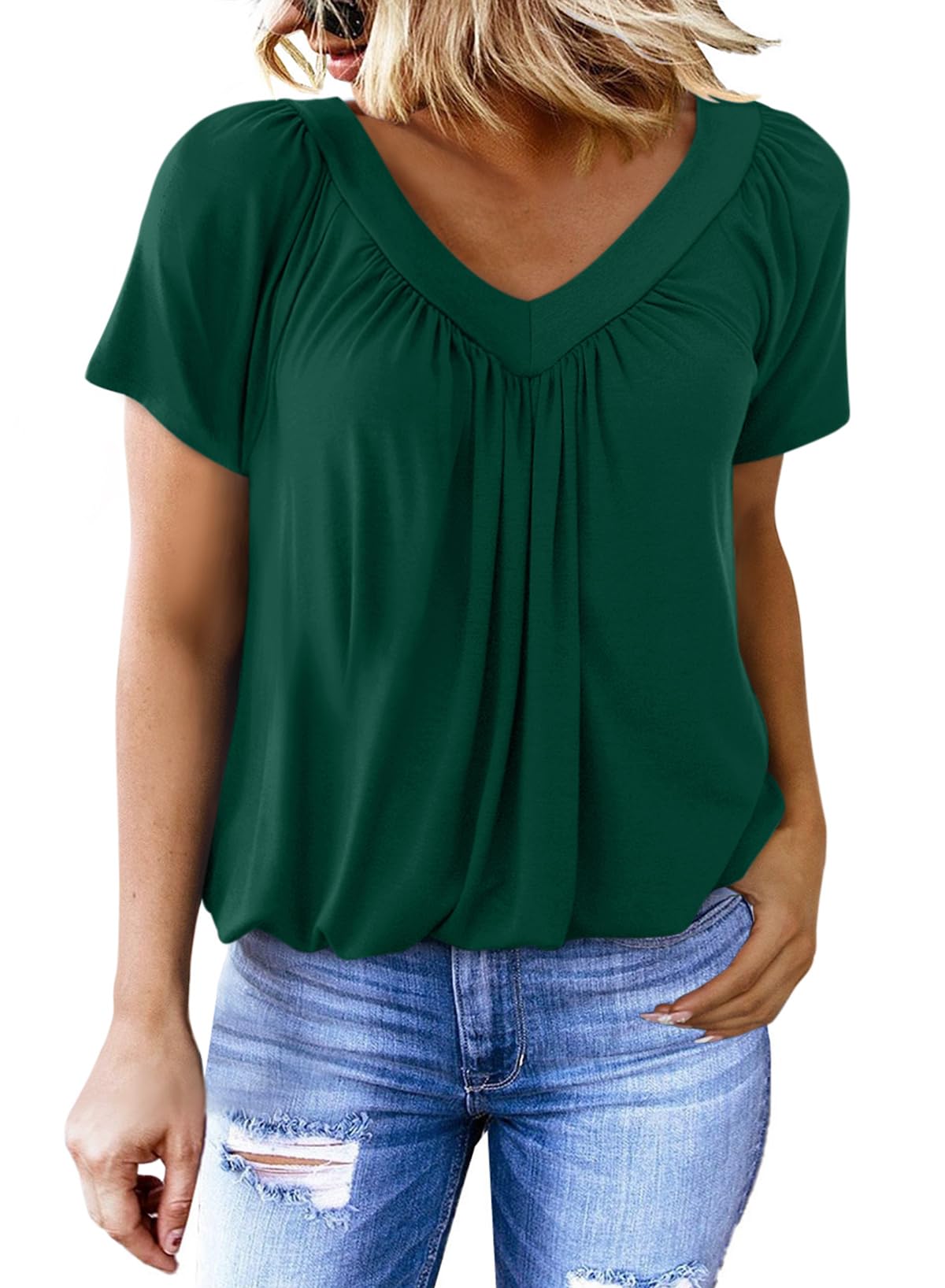 V-neck pleated short-sleeved T-shirt