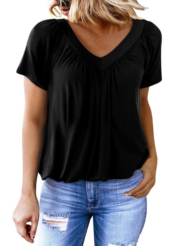 V-neck pleated short-sleeved T-shirt