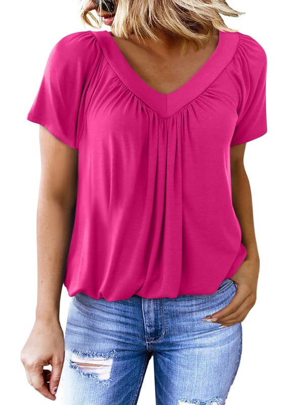 V-neck pleated short-sleeved T-shirt