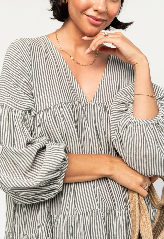 Striped Puff Half-sleeved Dress