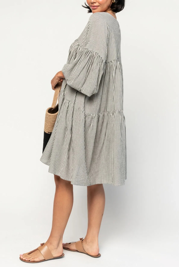 Striped Puff Half-sleeved Dress