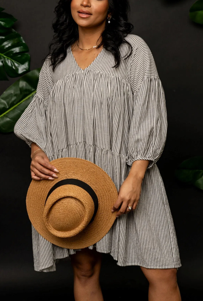 Striped Puff Half-sleeved Dress
