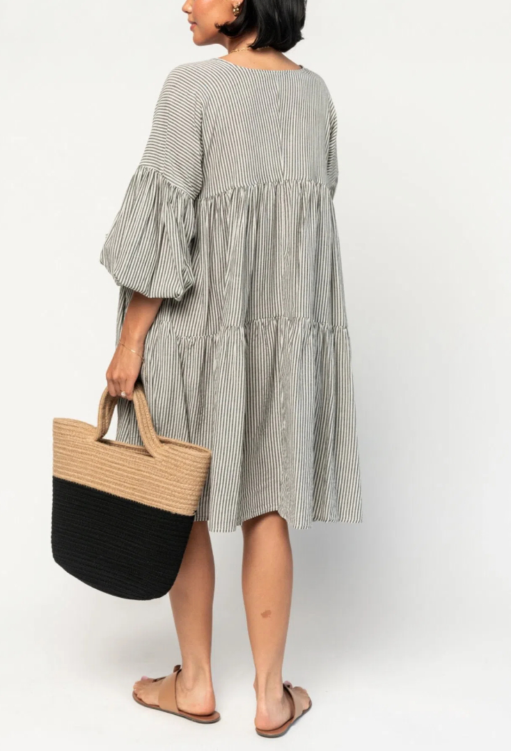 Striped Puff Half-sleeved Dress