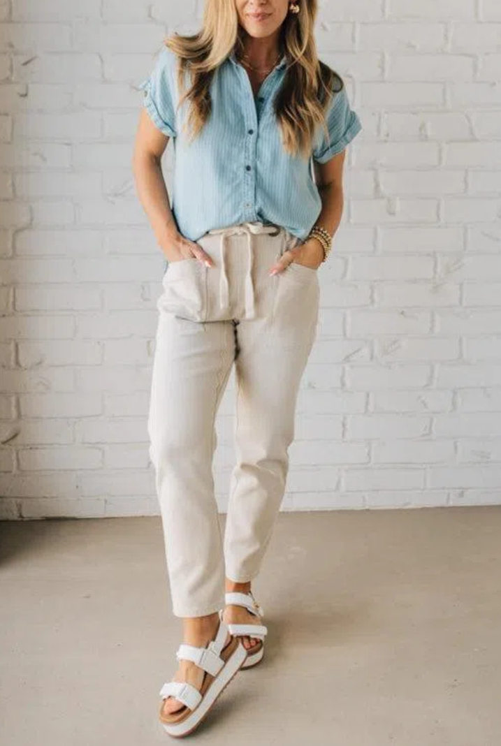 Striped Tencel Button Front Top