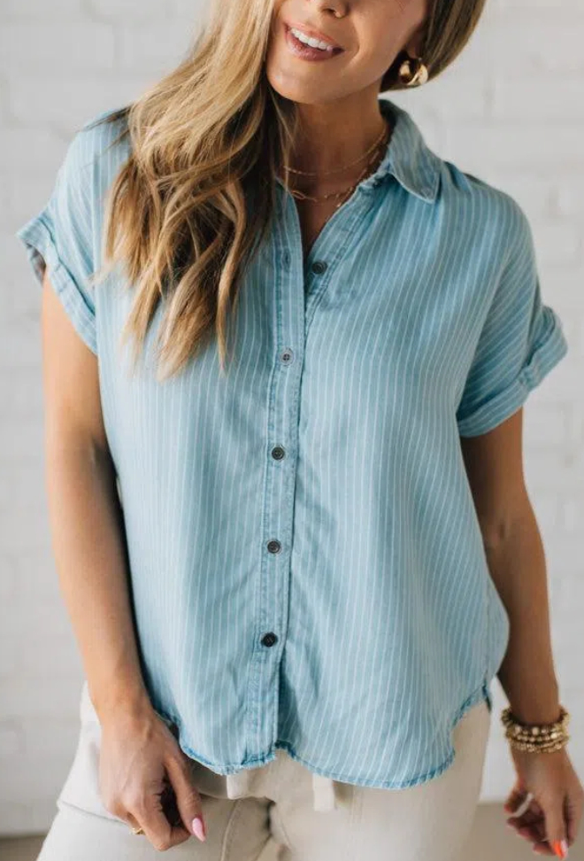 Striped Tencel Button Front Top