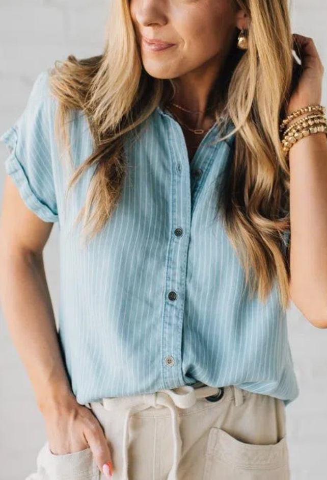 Striped Tencel Button Front Top