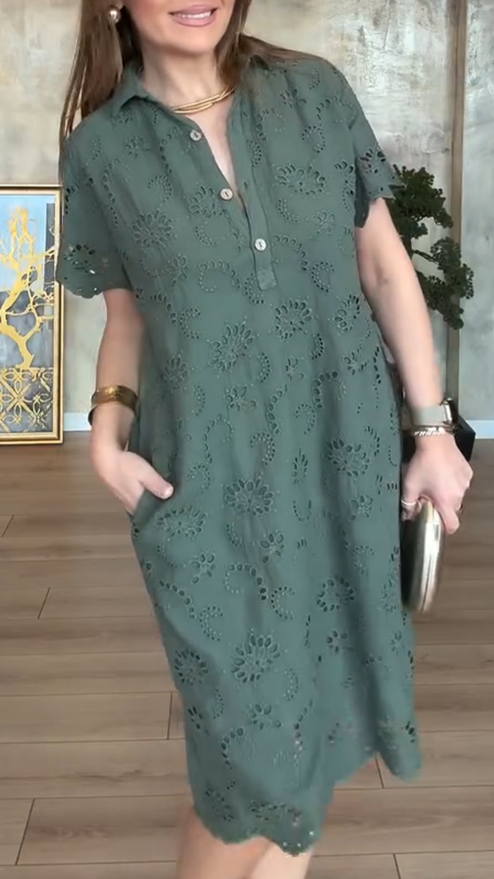 Ladies Lapel Double Pocket Lace Casual Dress