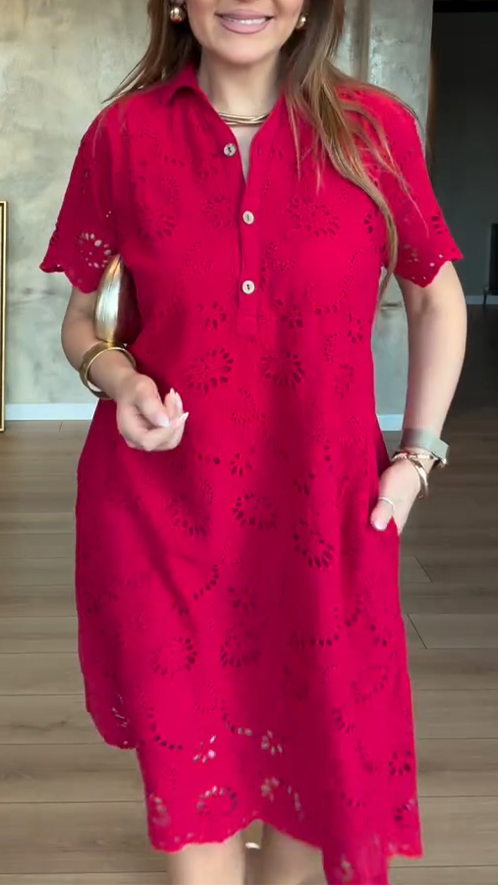 Ladies Lapel Double Pocket Lace Casual Dress