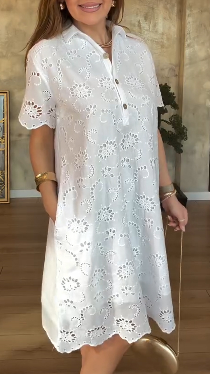 Ladies Lapel Double Pocket Lace Casual Dress