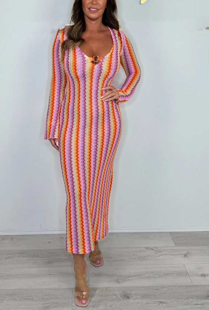 Long Bell Sleeve V-Neck Zigzag Dress