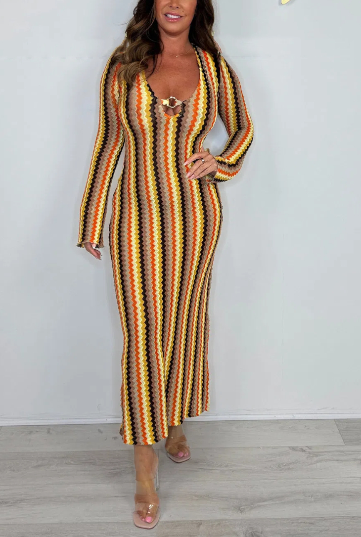 Long Bell Sleeve V-Neck Zigzag Dress