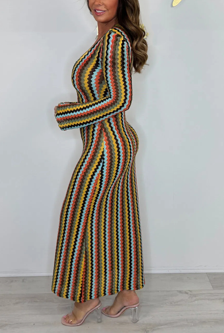 Long Bell Sleeve V-Neck Zigzag Dress