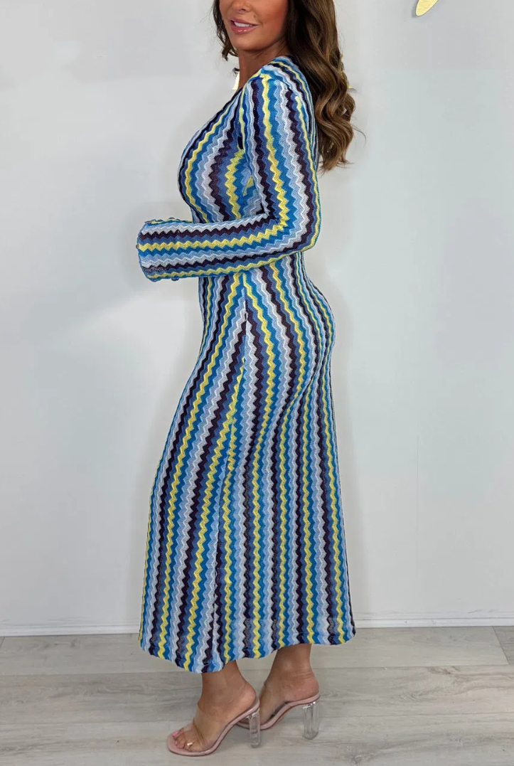 Long Bell Sleeve V-Neck Zigzag Dress
