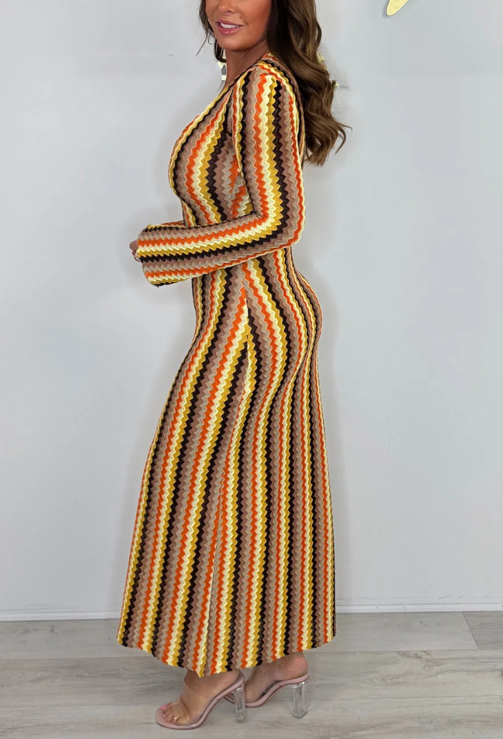 Long Bell Sleeve V-Neck Zigzag Dress
