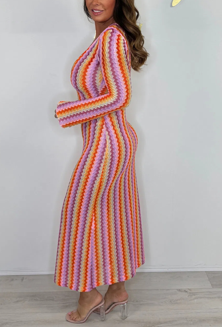 Long Bell Sleeve V-Neck Zigzag Dress