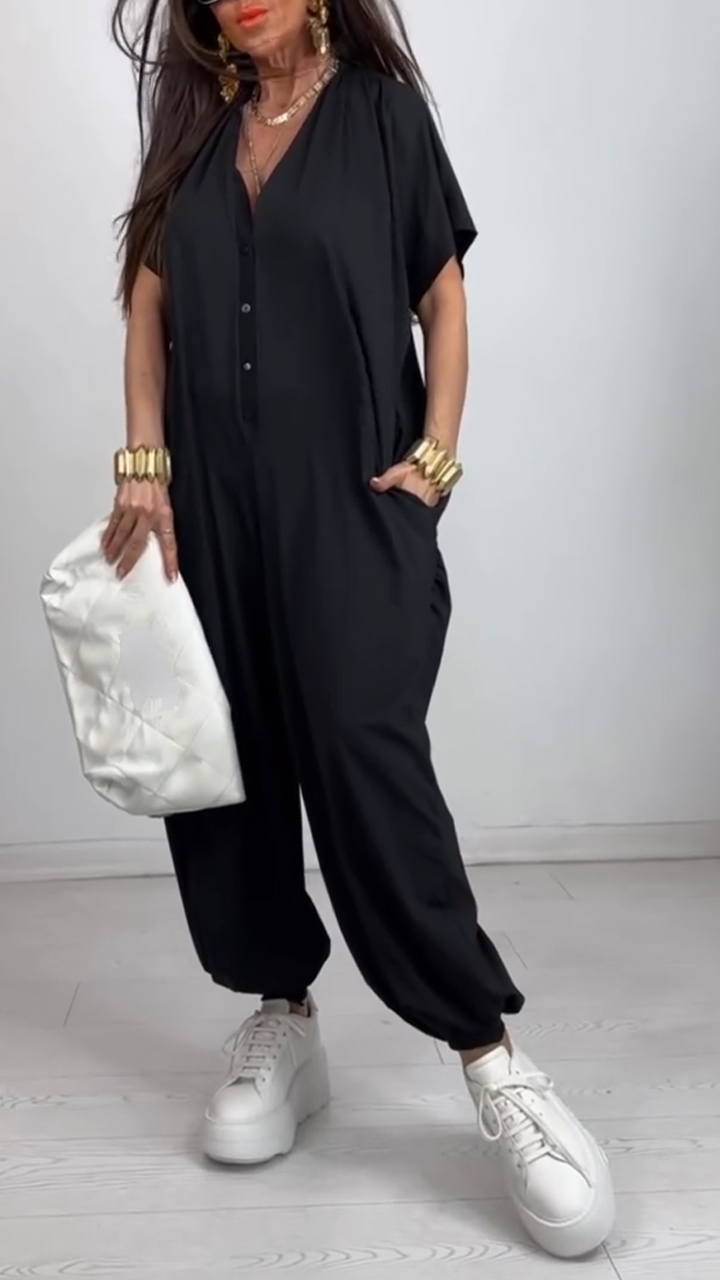 Short Sleeve V-Neck Single Breasted Pocket Jumpsuit