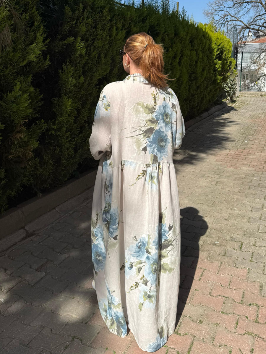 Floral Button Long Sleeve Linen Dress