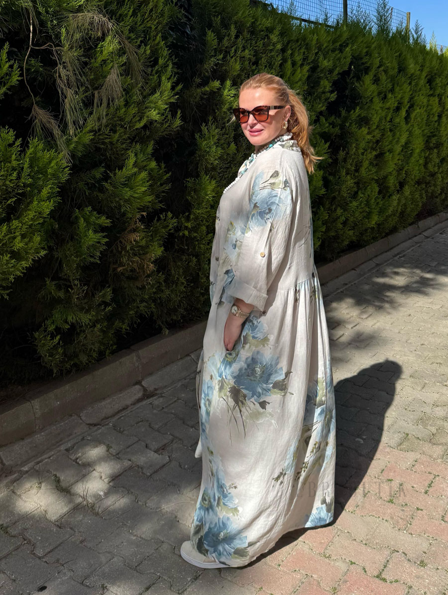 Floral Button Long Sleeve Linen Dress