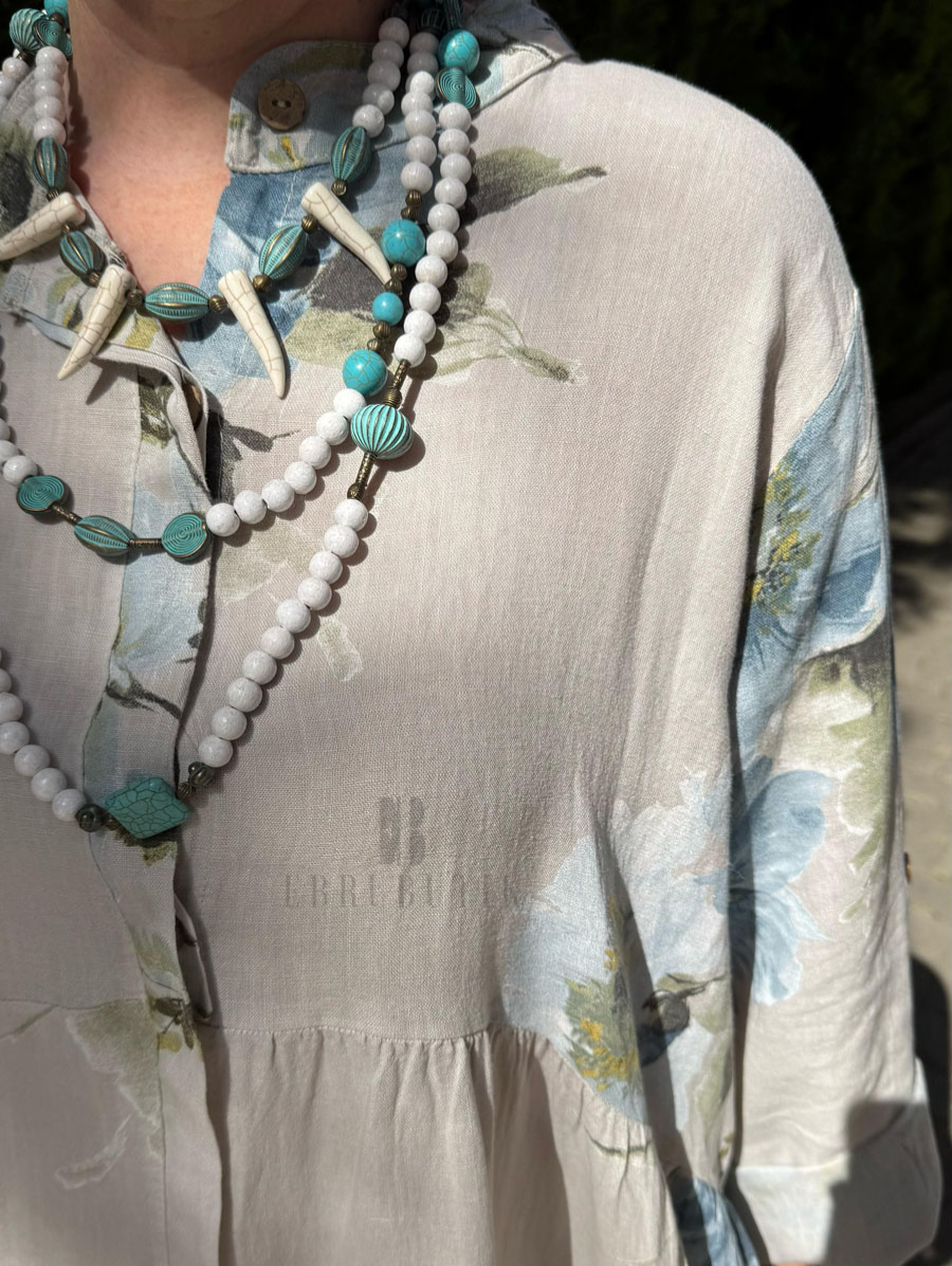 Floral Button Long Sleeve Linen Dress