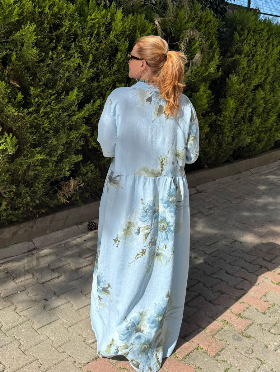 Floral Button Long Sleeve Linen Dress