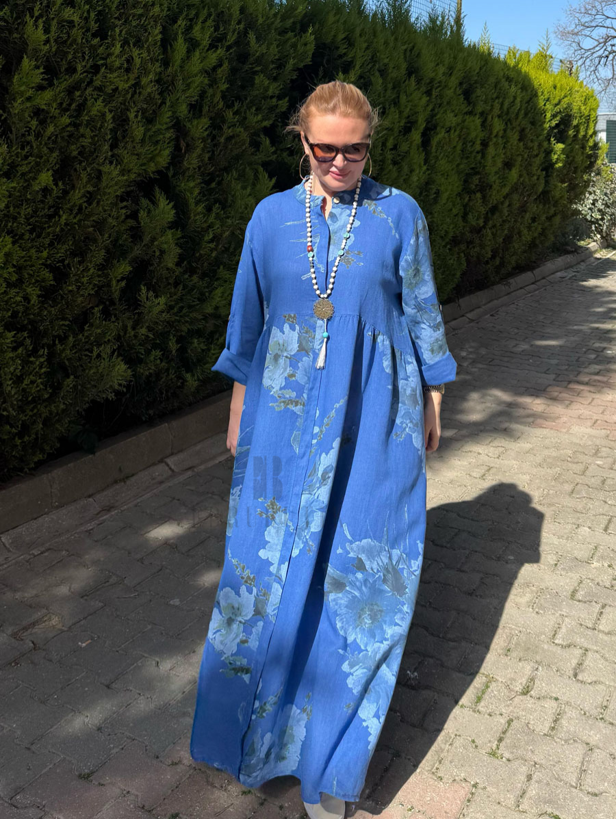 Floral Button Long Sleeve Linen Dress