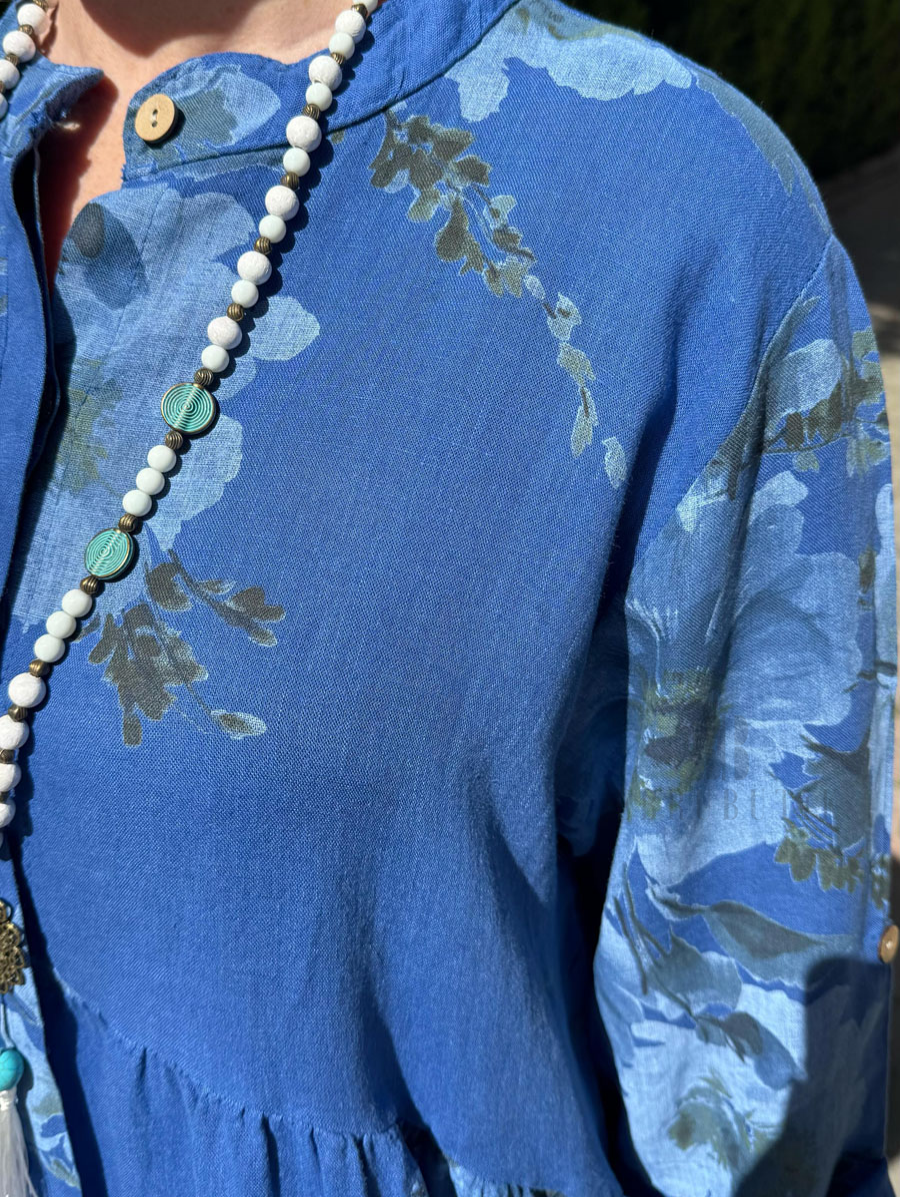 Floral Button Long Sleeve Linen Dress