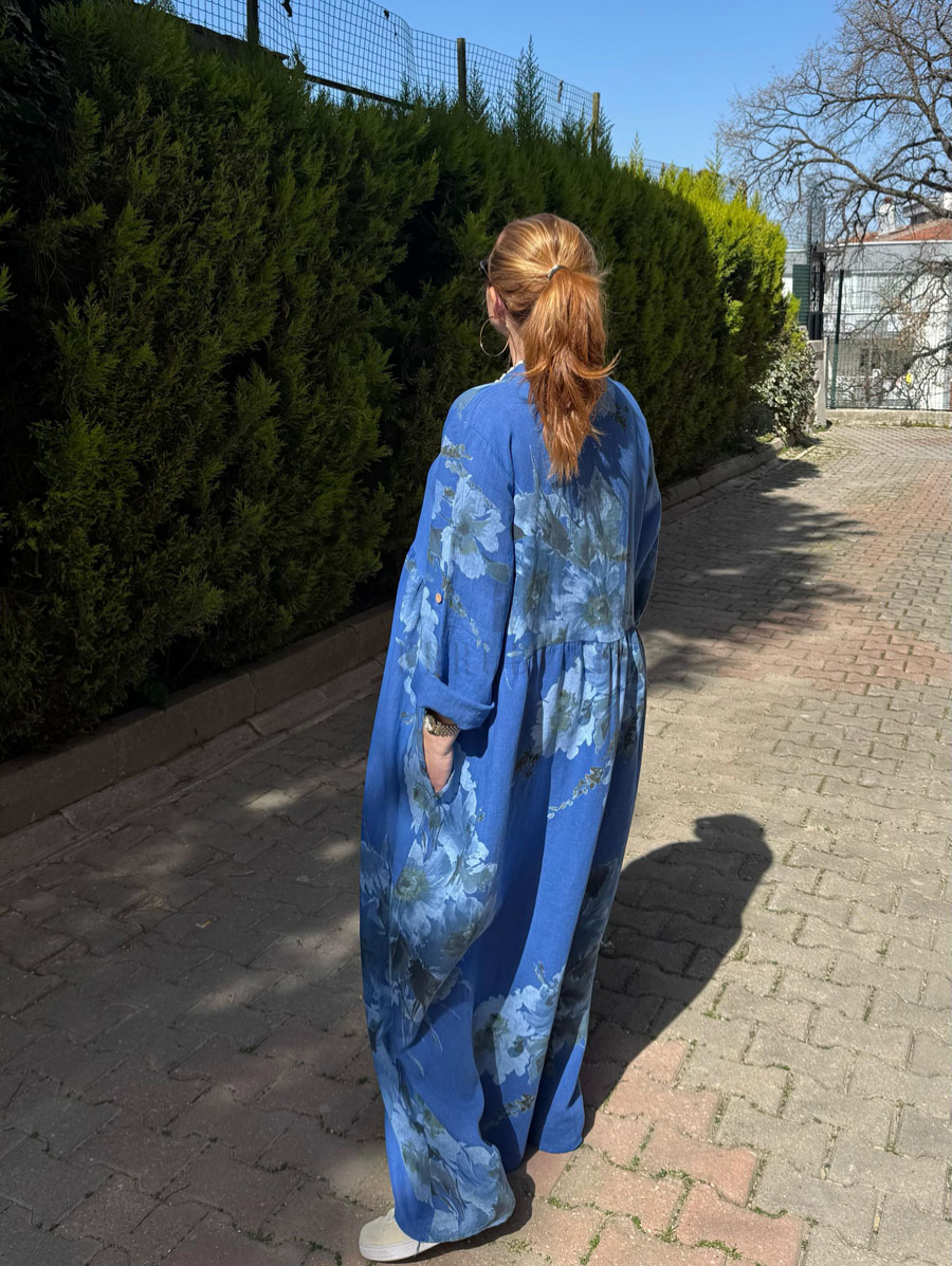 Floral Button Long Sleeve Linen Dress