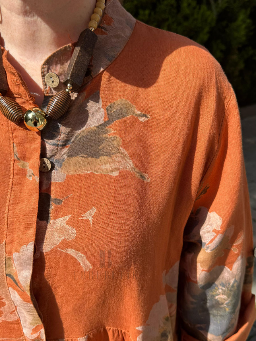 Floral Button Long Sleeve Linen Dress