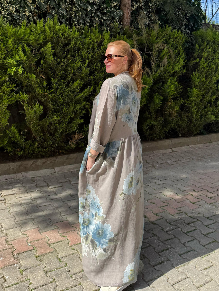 Floral Button Long Sleeve Linen Dress