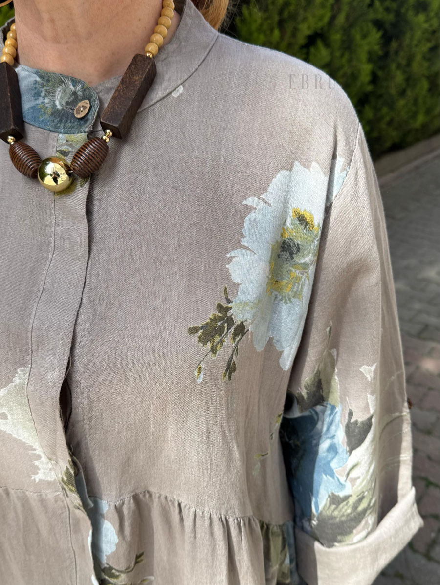 Floral Button Long Sleeve Linen Dress