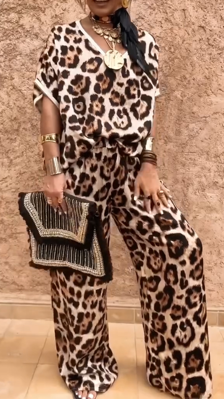 Ladies' V-neck Leopard Print Casual Set