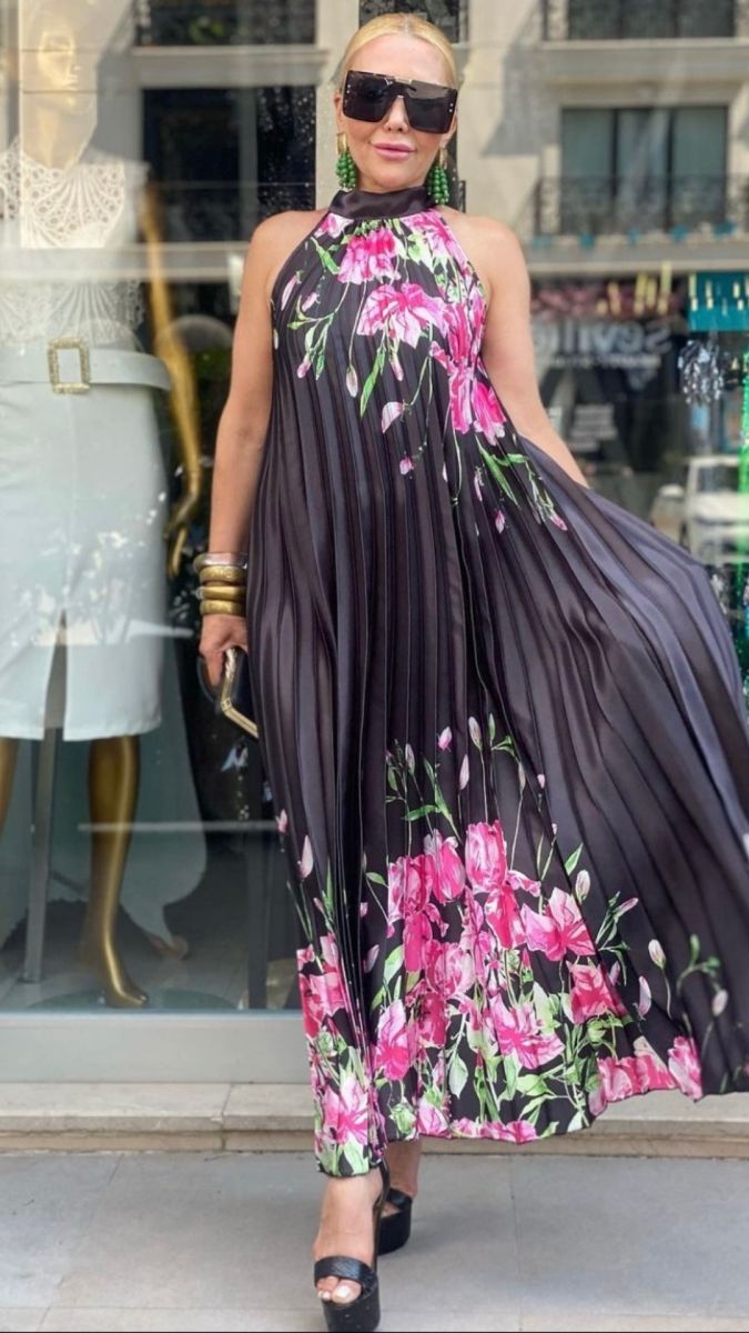 Black Floral Satin Dress