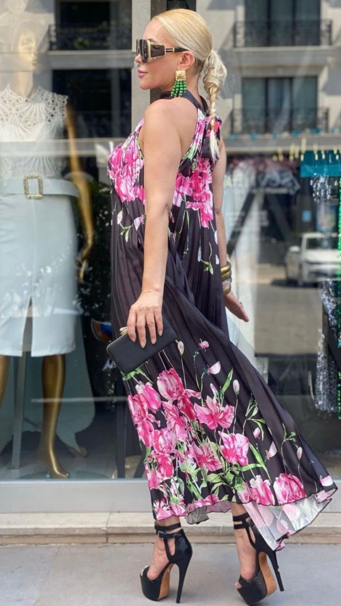 Black Floral Satin Dress