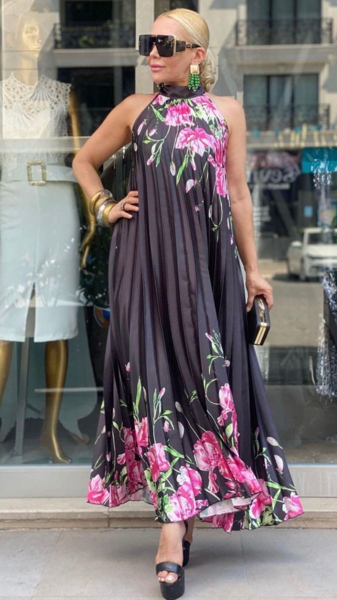 Black Floral Satin Dress