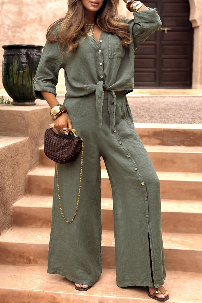 Lapel Slit Button Cotton and Linen Casual Suit