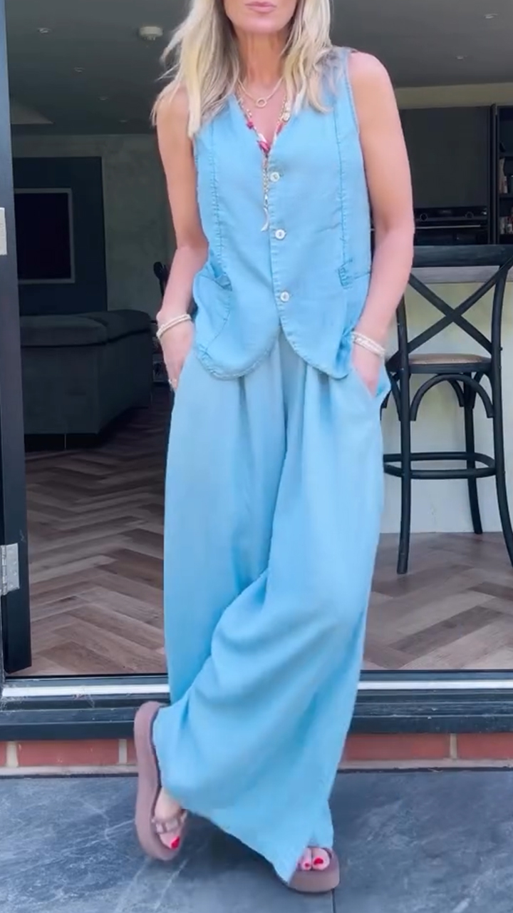 V-neck Sleeveless Casual Tencel Denim Suit